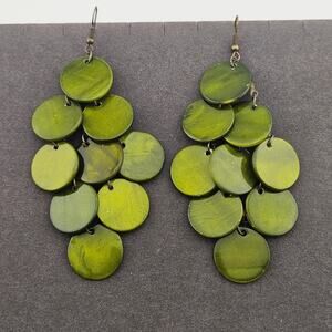 Lime Green Disc Beaded Statement Dangle Earrings Retro Mod Disco Chandelier